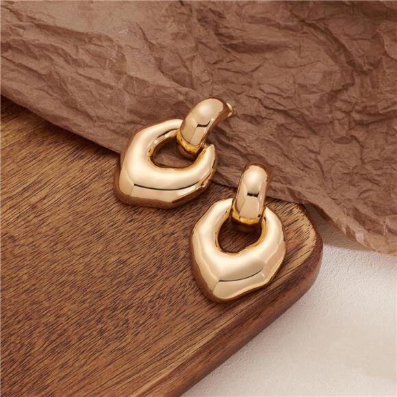 Gold Statement Dangle Earrings | Chunky Door Knocker Hoop Design - Picture 1 of 5